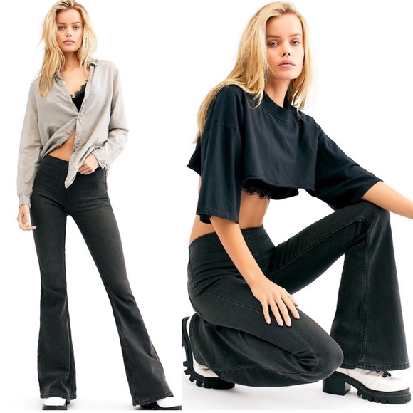 Free People Penny Pull On Flare Faded Black Denim Jeans Stretch Boho Size 25 - Picture 1 of 8